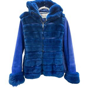 Clo & Flo Made In Italy Blue Fur Jacket Warm Lining Fitted With Hood Front Zip S